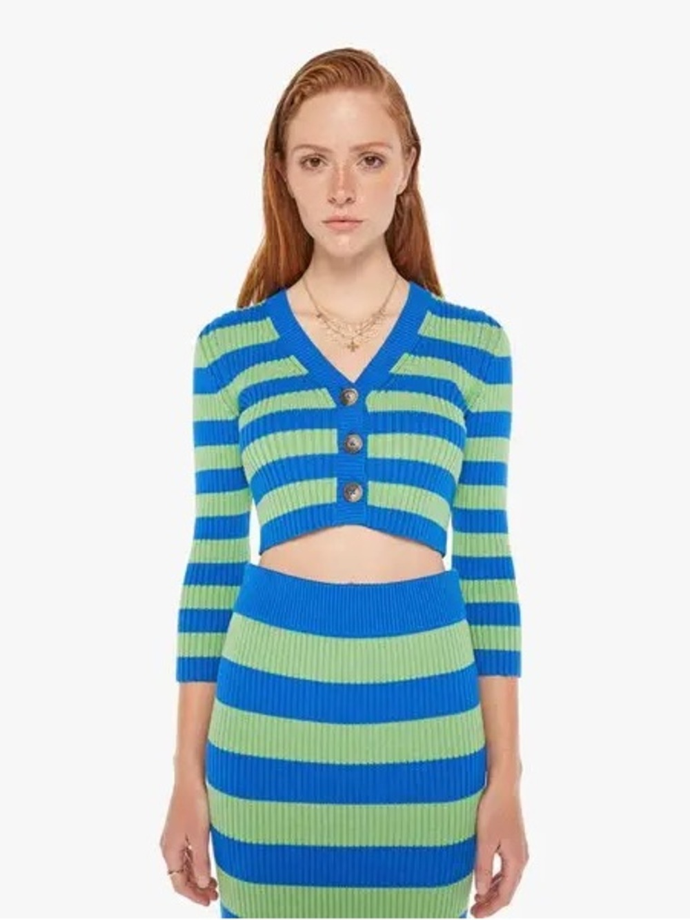 MOTHER Blue & Lime Ribbed Striped Cropped Cardigan